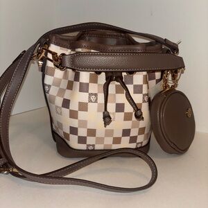 Anne Klein Mini Brown and Cream Checkered Bucket Bag NWT